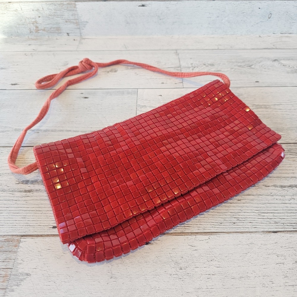 Vintage Red Tile Mesh Fold-Over Shoulder Bag Clutch 60s 70s Disco Glam Snap 10x6